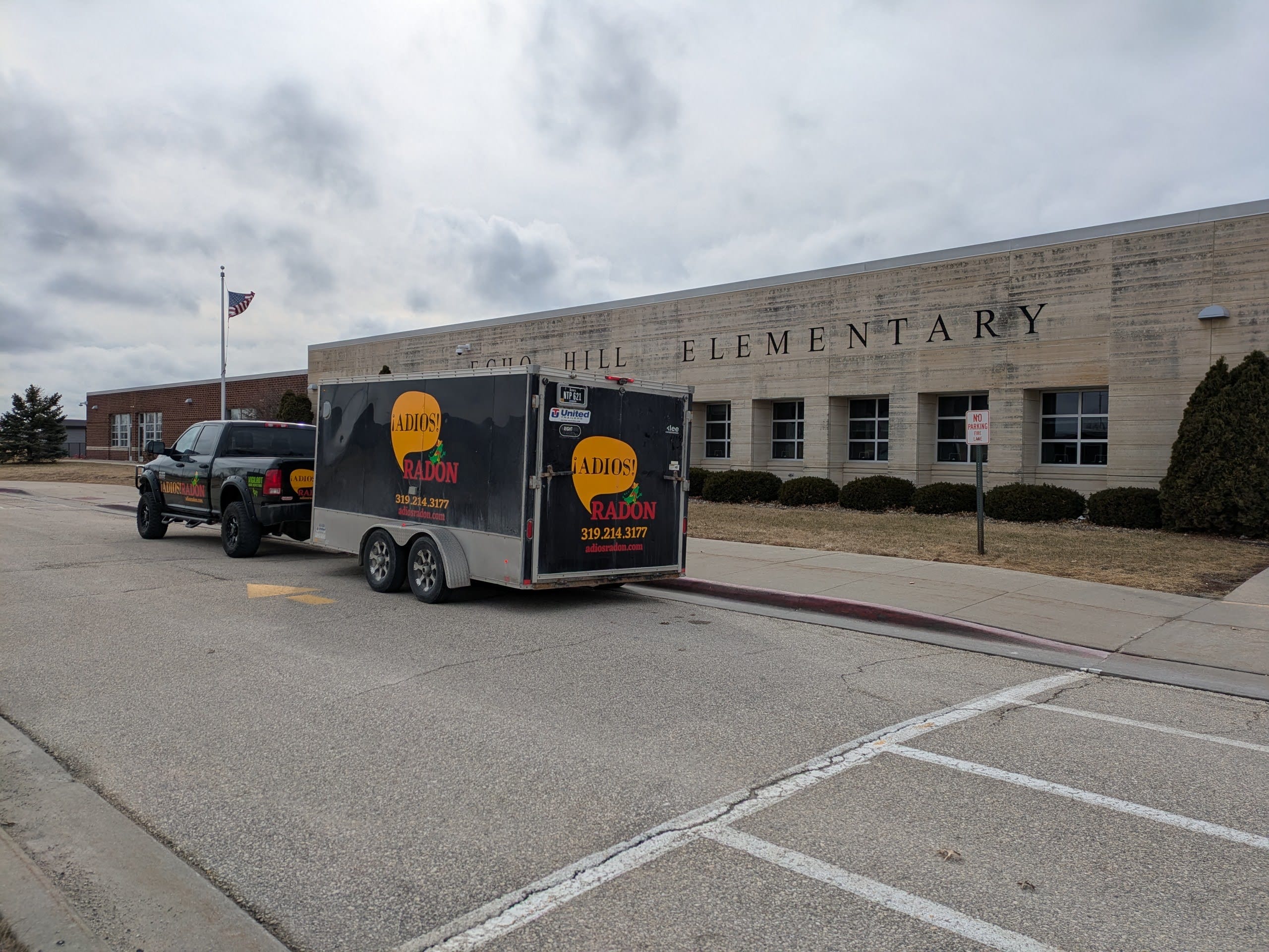 Adios Radon trailer parked at Washington Hill Elementary School